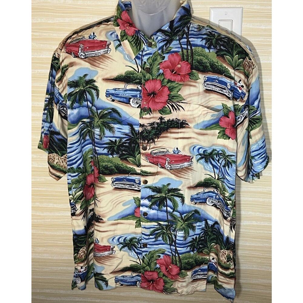 Big Dogs Vintage Car Floral Hawaiian Short Sleeve Shirt XL 0422
